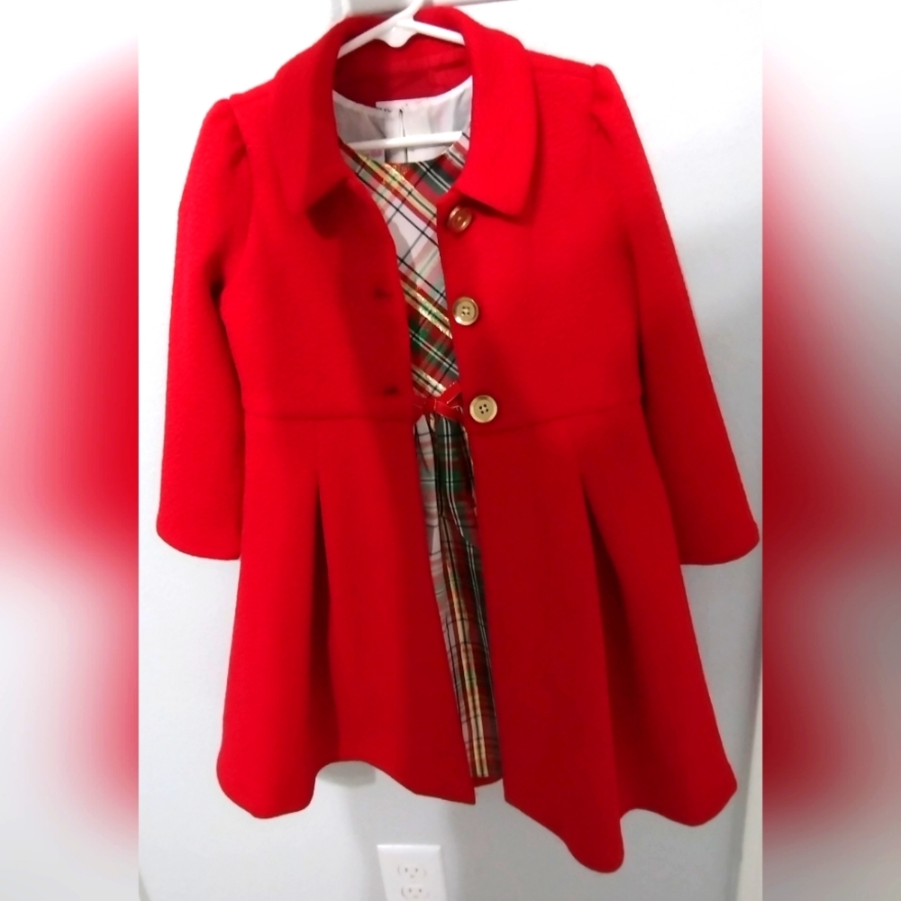 Bonnie Jean Red Chirstmas Dress with Coat Set - Plaid Dress. 5 years old